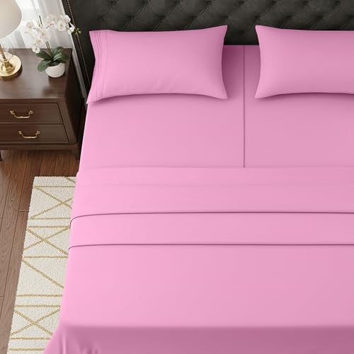 Image of Elegant Comfort Luxurious 1500 Premium Hotel Quality Microfiber Three Line Embroidered Softest 5-Piece Bed Sheet Set, Wrinkle and Fade Resistant, Split King, Light Pink