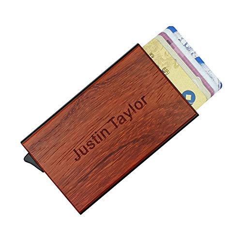 MOJIA Personalized Pop Up Wallet, Custom Engraved Wooden Metal Credit Card Holder for Men and Women, RFID Blocking Mini Bank Card Holder Case, Perfect Gifts (Bubinga)