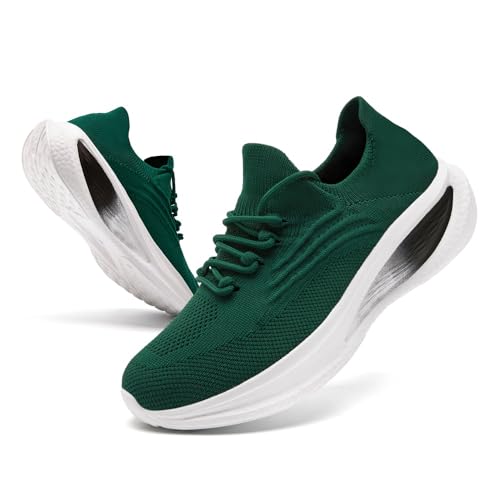 Image of DLWKIPV Running Shoes for Men Casual Slip on Tennis Walking Sneakers Lightweight Breathable Mesh Fashion Gym Athletic Sports Workout Non Slip Trainers Dark Green W Size 6.5