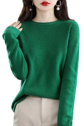 RUCPUW 100% Merino Wool Sweaters Women's Fall Winter Warm Soft Knitted Loose Pullover Crew Neck Long Sleeves(002,Dark Green,XL)