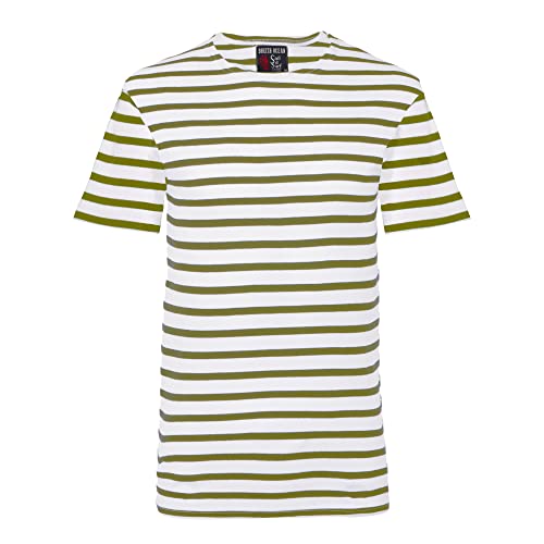 GARLAN, Marinière Coton épais Bio, Homme ou Femme, Tee-Shirt rayé - Mixte - (Blanc/Kaki,3XL) Cover