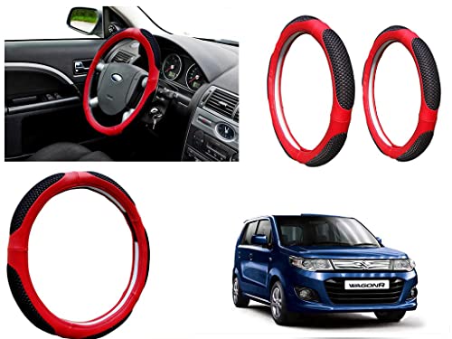 Image of Microfiber Car Steering Wheel Cover, Soft Padding Great Hand Feel, Anti-Slip, Faux Leather Steering Cover for Maruti Suzuki WagonR 2017 | Black Red Jali - Pack of 1