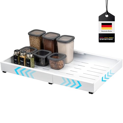 bremermann Teleskopschublade mit Einlegeboden, ausziehbar, verstellbare Breite von 43-67 cm, Auszugschienen zum Kleben oder Bohren Küchenschublade zum Nachrüsten, aus schwarzem Metall (Weiß)