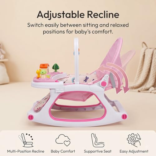 Image of StarandDaisy Dreamy Baby Rocker Chair with Play Tray, Mosquito Net & Toy Bar | Adjustable Recline, 3-Point Safety Harness | Infant Rocking Seat, Feeding Chair for Newborns & Toddlers 0-3 Years (Pink)