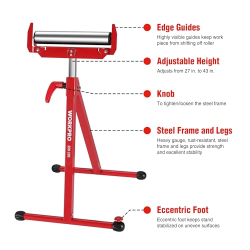 WORKPRO Folding Roller Stand Height Adjustable, Heavy Duty 250 LB Load Capacity, Outfeed Woodworking (Upgraded head)