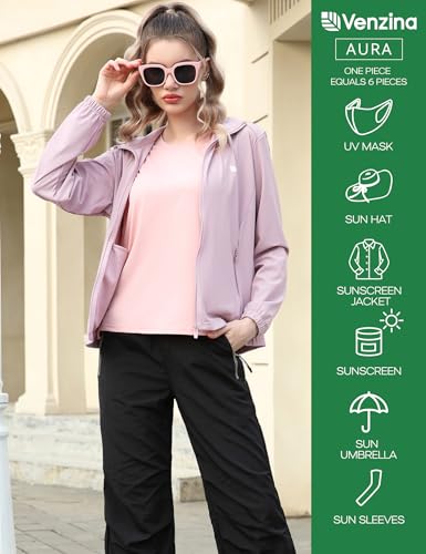 Image of Venzina UPF 150+ Sunscreen Jacket for Women, Stylish Sun Protection Jackets for Women, Cool Feel Quick Dry Sun Hoodie, Modern Fit with Removable Hat & Zip Pocket, for Driving, Camping