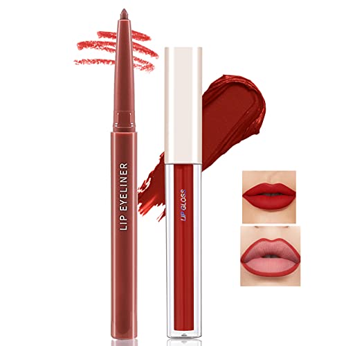 Boobeen Matte Lip Liner Pencil And Liquid Lipstick Set, Nude Dark Red Lip Makeup Long Lasting Waterproof Lipliner Pens & Plumper Lipgloss Velvet Lip Glaze Set Gift For Women And Girls #TOP29