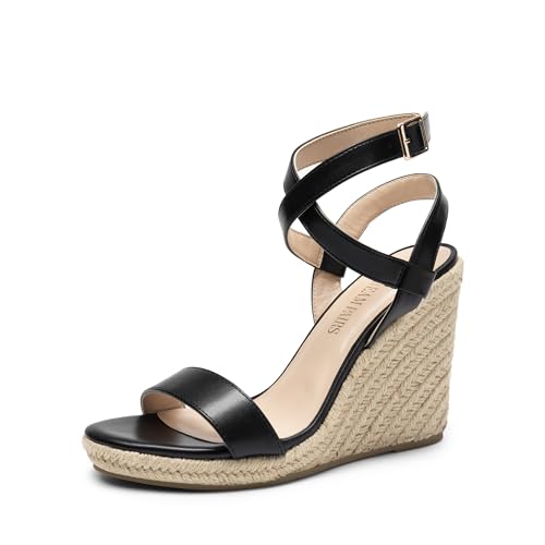 DREAM PAIRS Womens Open Toe Espadrilles Dressy Platform Sandals Buckle Ankle Strap Stylish Wedges Sandals 5 Black-pu