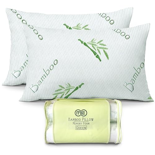Image of OMEO 2 Pack Queen Size Rayon Derived from Bamboo Pillow for Sleeping Shredded Memory Foam Bed Pillows for Side, Back and Stomach Sleepers, Soft, Cooling, Adjustable and Washable Cover 20 inch x 30 inch