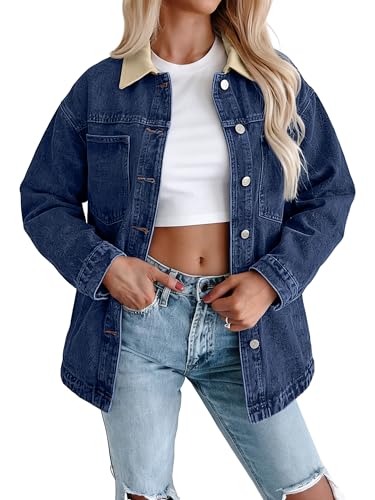 Glamaker Womens Oversized Denim Shirt Jacket - Casual Lightweight Button Down Loose Fit Jean Jackets Outfits Outwear 2026,Dark Blue S