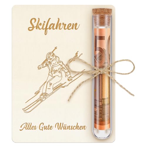 Otuuz Verpackung für Geldgeschenk Skifahrer 12 x 9 cm mit Reagenzglas Ski Geschenkidee aus Holz Skifahren Reise Geschenkidee für Geburtstag Weihnachten Wintersport Familie Freund Kollege (Ski)