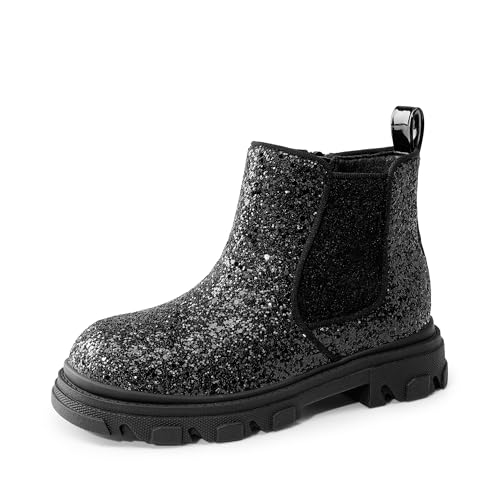 DREAM PAIRS Girls Chelsea Boots Side Zipper Lug Sole Ankle Booties Toddler/Little Kid/Big Kid 12 Little Kid Black-glitter