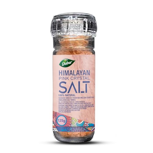 Dabur Himalayan Pink Crystal Salt Glass Grinder - 125g (4.4 Fl oz) - Easy-to-Use Pink Salt Mill & Spice Grinder for Flavorful Cooking