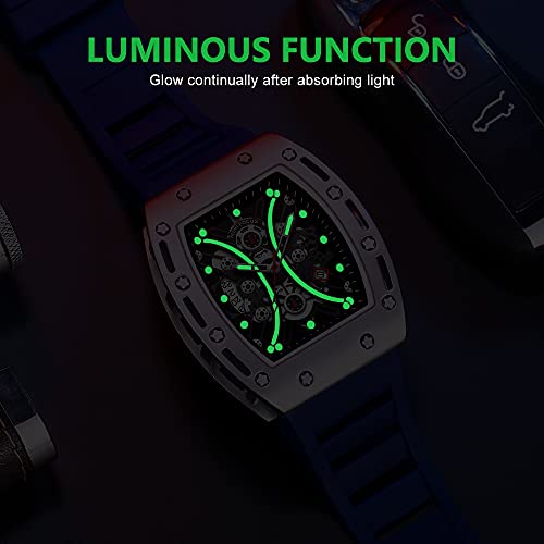 AIMES Luxury Skeleton Watch Men Waterproof Adjustable Silicone Strap Steampunk Style Chronograph Calendar Date Luminous Business Large Square Dial