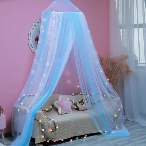 Wnqou Princess White Blue Bed Canopy with Warm Fairy Lights for Girls Bed Net,Princess Canopy for Kids Bed Room