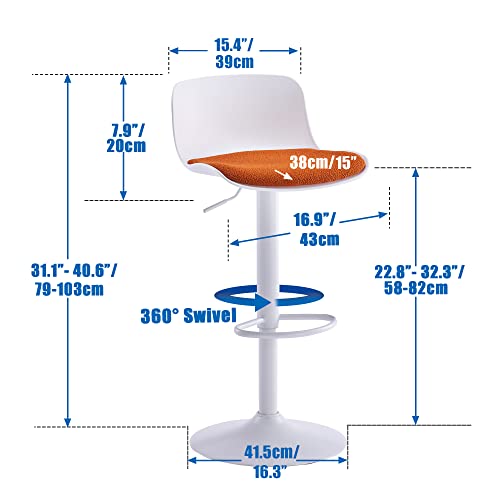 Younike Bar Stools Set Of 2 White Modern Counter Height Stool With Orange Velvet Padded Seat, Adjustable Swivel Barstools With Back For Bar Counter And Kitchen Island #TOP2