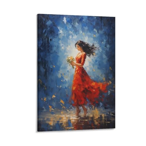 Toile femme en rouge et bouquet abstrait pour sublimer un salon moderne