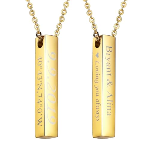 U7 Engrave Text Necklace 18K Gold Plated Vertical Bar Pendant Custom Message Necklace for Men Women