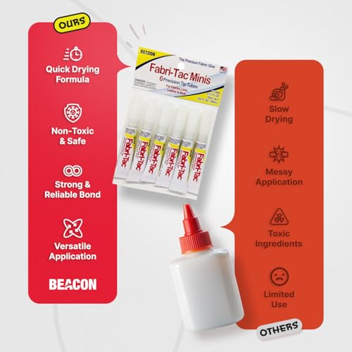 Beacon Fabri-Tac 5ml Mini Tube (6 Pack), Clear - Permanent Adhesive Fabric Glue - Strong Leather Glue for Lace, Glass, Wood & Trims - Quick Drying Craft Glue for Upholstery & Home decor