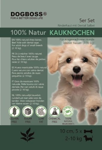 DOGBOSS 100% Natur Kauknochen speziell für kleine Hunderassen (2-10kg) in verschiedenen Geschmackssorten (5er Dental Salbei 10 cm)