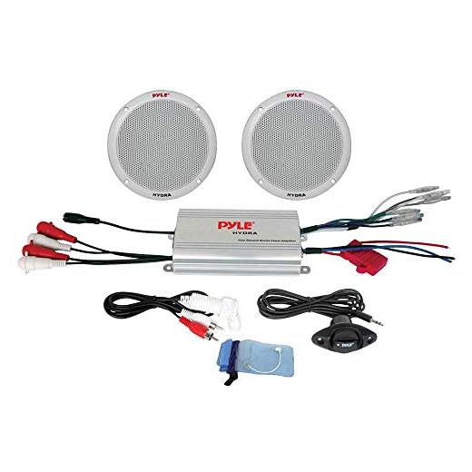 Pyle Marine Receiver Speaker Kit - 2-Channel Amplifier w/ 6.5” Speakers (2) Waterproof Poly Bag 3.5mm Jack RCA Adaptor for MP3/iPod & Volume Gain Remote Control & Power Protection Circuitry - PLMRKT2A,Silver