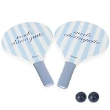Fisura – Strandspiel Schläger-Set „Modo chiringuito“, Beachball Set aus Holz in Weiß und Blau mit Netzbeutel, lustige Beach-Schläger, inkl. umfasst: 2 Bälle
