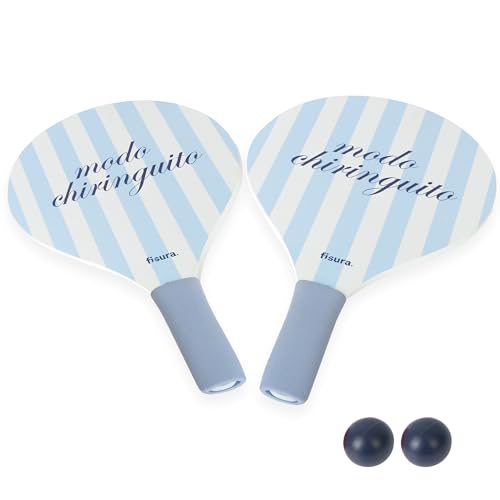 Fisura Strandspiel Schläger-Set Modo chiringuito Beachball Set aus Holz in Weiß und Blau mit Netzbeutel lustige Beach-Schläger inkl. umfasst: 2 Bälle