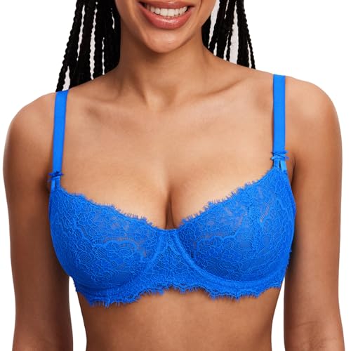 Image of DOBREVA Women's Balconette Sexy Unlined Bra Lace Push Up Plus Size Bras See Through Underwire