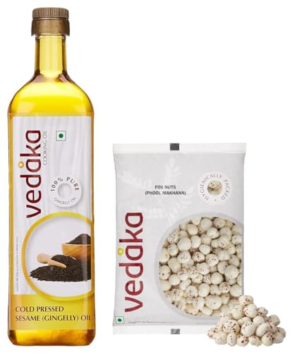 Image of Amazon Brand - Vedaka Sesame (Gingelly) Oil Bottle, 1 L (Cheku /Ghani) & Amazon Brand - Vedaka Fox Nuts (Phool Makhana), 200 g