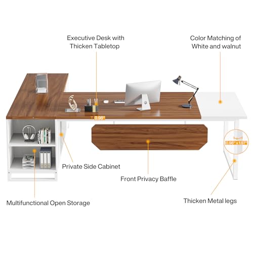 Image of Tribesigns 70.8 inch L-Shaped Executive Desk with 55 inch File Cabinet, Large Home Office Computer Desk with Storage Shelves and Cabinet, Modern Business Furniture Set Home Office, Walnut White
