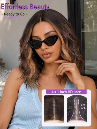 Image of Eawwii Wigs for Women Brown Caramel Highlight,Short Wavy Synthetic Lace Wig | Glueless 4x1 Lace Hairline, Heat-Resistant Fiber,Bob Wave Style,Natural Appearance for Everyday Cosplay 14 Inch