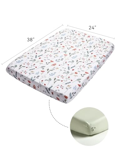 Image of TILLYOU Mini Crib Sheets Fitted 2 Pack, Pack and Play Sheets for Toddler Mattress, Soft and Breathable 38 inchx 24 inch Pack n Play Mattresses Cover, Forest Floral