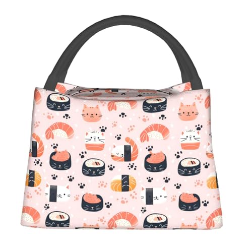 cromcu Cute Sushi Cat Reusable Lunch Box, Playful Kitten Lunchbox for Girls Women, Insulated Lunchbag, 11in*6.3in*6.7in, Gifts Makeup Bag, Portable Handbag for School Picnic Work Travel Beach Hiking