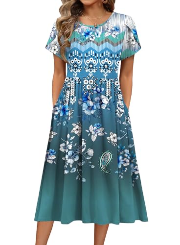 Image of HOTOUCH Women's Summer A-Line Midi Dresses 2026 Casual Floral Short Sleeve T-Shirt Dress Flowy Beach Sundress with Pockets