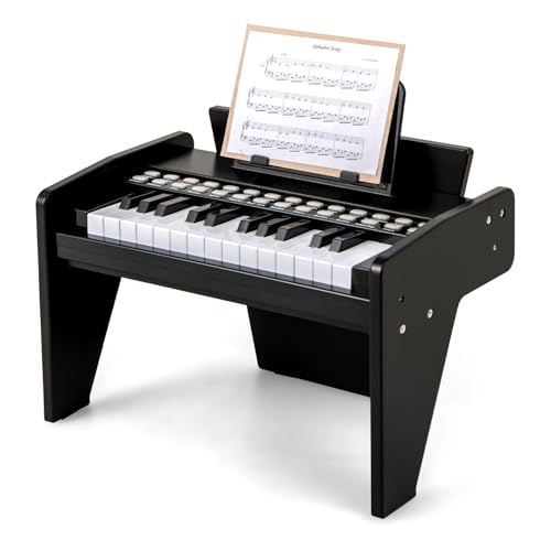 KOMFOTTEU Teclado de Piano de 25 Teclas para Niños, Piano Electrónico de Madera con Atril, Mini Teclado Digital con Grabación/Reproducción, Modo de Enseñanza, Instrumento Musical Infantil (Negro)