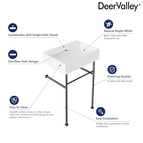 DeerValley 24"x17" Console Bathroom Sink, Free Standing 30 Inch Stainless Steel Support Pedestal Legs, Wall-Mounted White Ceramic Basin, Modern Rectangular Sink Porcelain, Matte Black