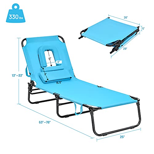 Giantex Outdoor Chaise Lounge Chair - Folding Beach Chair With 5 Adjustable Positions, Hole, Detachable Pillow, Hand Ropes, Lounger For Sunbathing, Poolside, Yard, Patio Lawn Chair Turquoise #TOP2