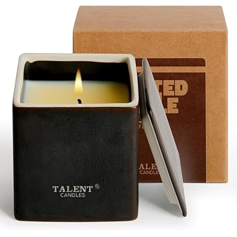 Candles for Home Scented, Modern Rustic Ceramic Candle Jar, Soy Candles Non Toxic in Elegant Ceramic Jar, Dark Leather & Oud Cover