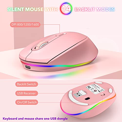 Wireless Keyboard And Mouse Backlit, Quiet Light Up Keys, Tilt Legs, Sleep Mode - Rechargeable Usb Cordless Combo For Computer, Mac, Pc, Laptop - By Sablute, Pink #TOP5