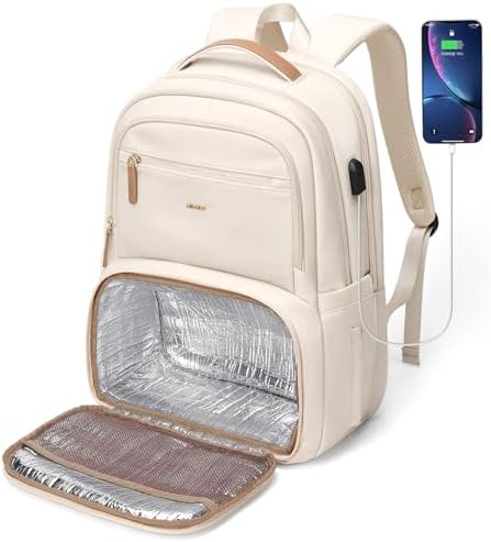 Lunch Backpack for Women Men,15.6Inch Insulated Lunch Box Backpack with USB Charging Port, Diaper Laptop Back pack for Travel Picnic Work Teacher Nurse,Beige