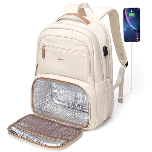 Lunch Backpack for Women Men,15.6Inch Insulated Lunch Box Backpack with USB Charging Port, Diaper Laptop Back pack for Travel Picnic Work Teacher Nurse,Beige