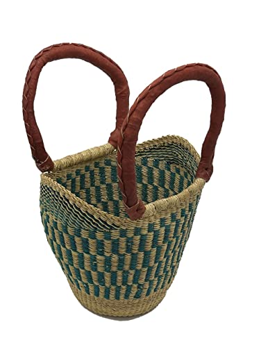 African Shopping Tote Handmade Woven Sea Grass Small Size 10 x 8 x 10 (Turq-Natural)