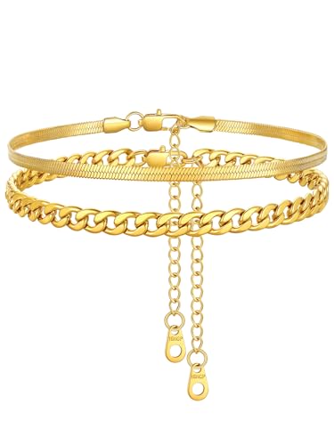 Image of FindChic Black /Silver /Gold Plated Anklets Set of 2PCS /3PCS Herringbone Chain Cuban Link Heart Charm Sparkling Tennis Ankle Bracelets, Waterproof Summer Foot Jewelry for Beach