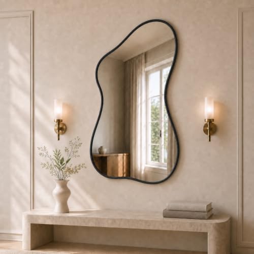 PIUDOC 40"x26" Irregular Wall Mirror with Black Frame, Asymmetrical Abstract Decorative Mirror for Bedroom Living Room Entryway Modern Organic Shaped Wall Mirror