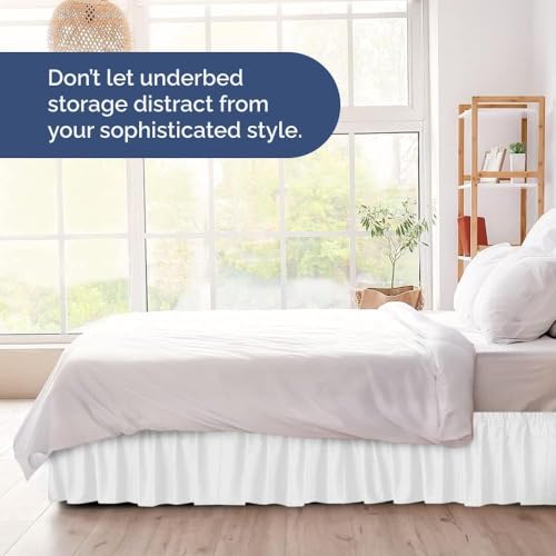 Image of Bed Skirt - Wrap Around Dust Ruffle Bed Frame Cover with Easy Fit Elastic Strap, King Size 12 Inch Drop, Microfiber Pleated, Machine Washable | White