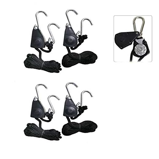 4 st Heavy Duty Ratchet Ropes-1/8 Inchadjustable Grow Light Rope Hangers Metall Inre kugghjul Ratchet med karabiner Hook Clip Loose-Proof Design, 8-ft lång & 150lbs viktkapacitet