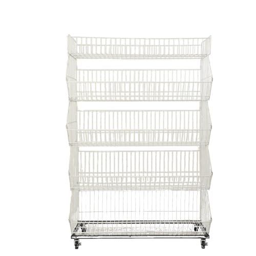 YILIKISS Rollregal verchromt mit 5 Gitterkörben B90 x T43 x H136 cm, Stapel Korbwagen, Wühlkörbe für Aktionsware, rollbares Obst- und Gemüseregal