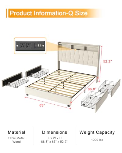 LegacyAmerhome Queen Bed Frame, Velvet Upholstered LED Platform Bed with Headboard Storage, Queen Bed Built-in Charging Station with 4 Drawers, Wood Slat Support, No Box Spring Needed, Beige