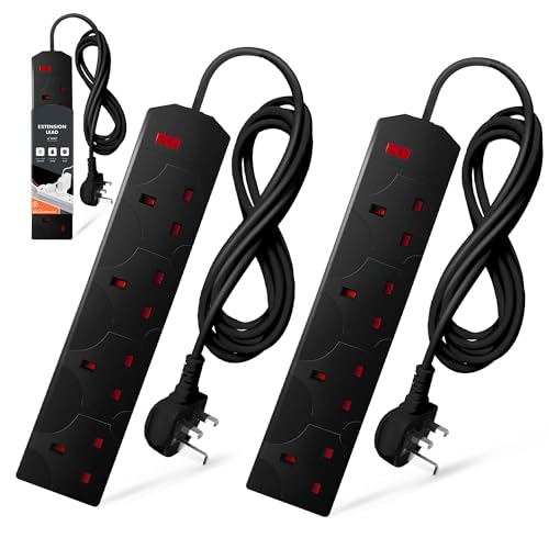 Wolf Power Extension Lead, 4 Gang, 2 Metre Extension Cable with UK 3 Pin Plug & Socket, Wall Mountable Power Strip for Home, Office & Appliances (Black, 2 Pack)