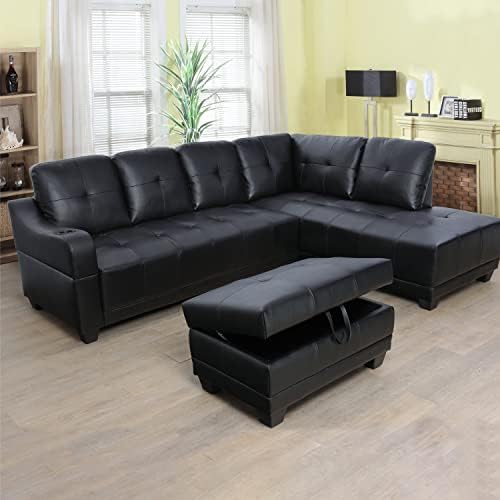 A Ainehome Furniture Modern Sectional Couches for Living Room 3 Pieces L Shaped Couch Sofa Set, Couch with Storage Ottoman, Sectional Sofa for Home, Office, Studio(A-Black, Right Hand Facing)